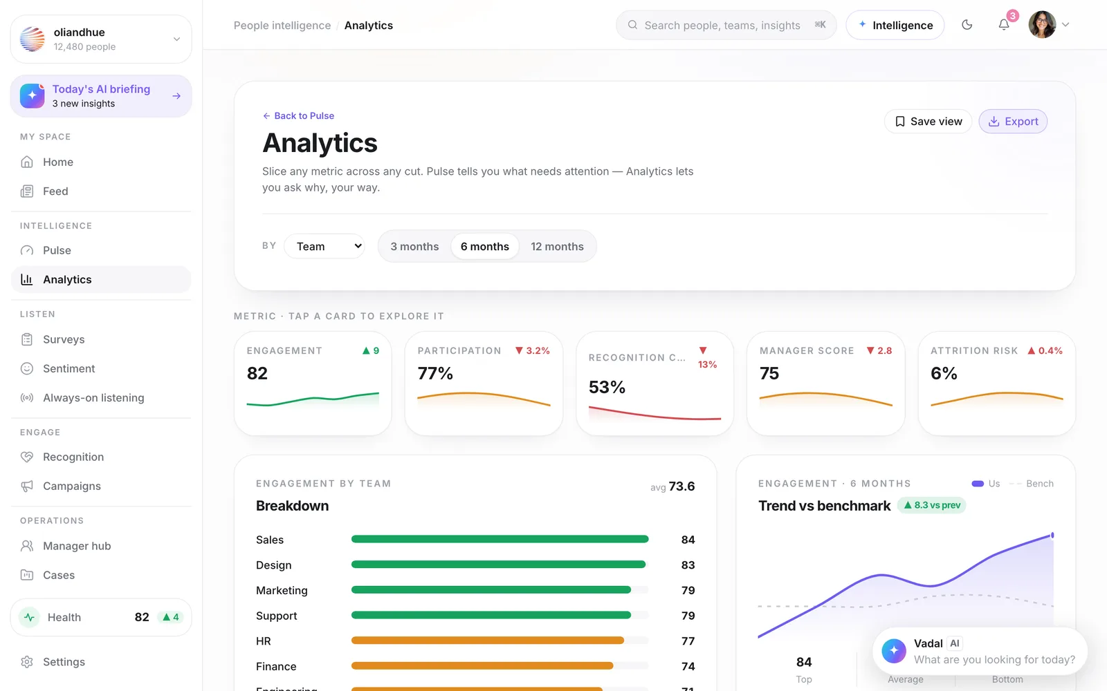 The Analytics screen in the Vadal.ai product, engagement, participation and attrition-risk metrics with team breakdown