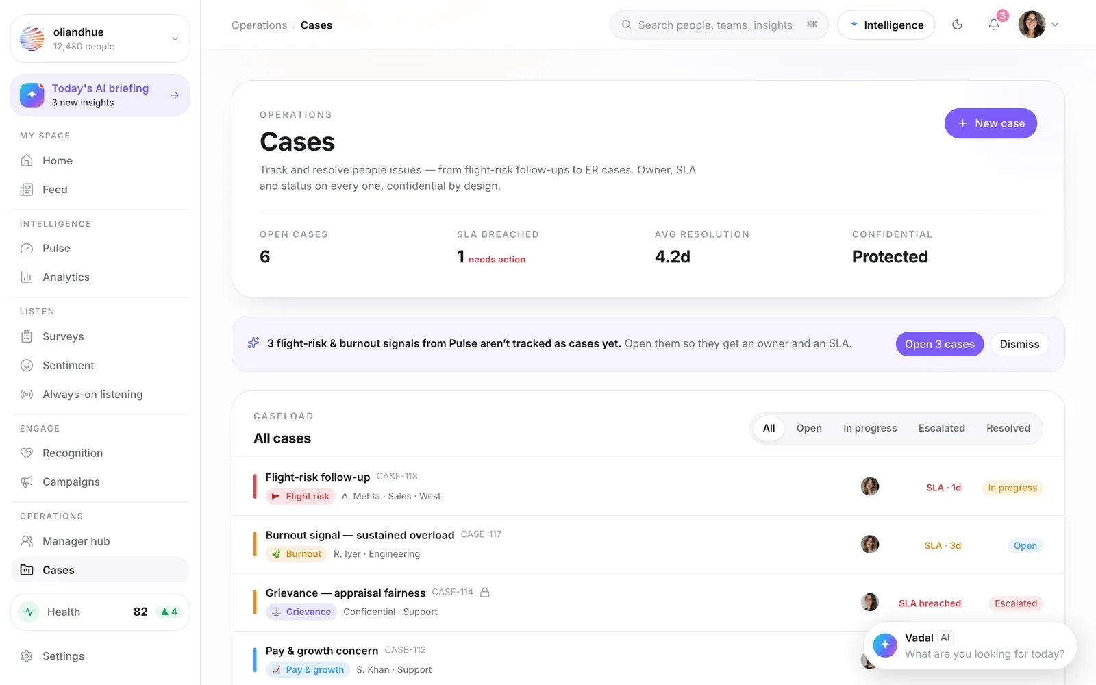 The Cases screen in the Vadal.ai product