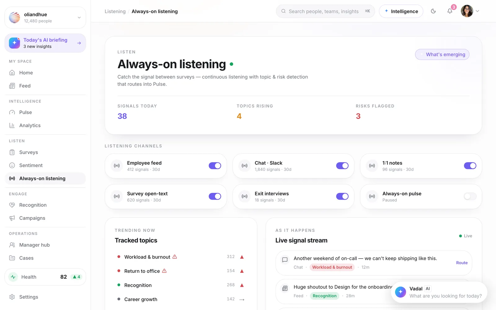 The Always-on listening screen in the Vadal.ai product
