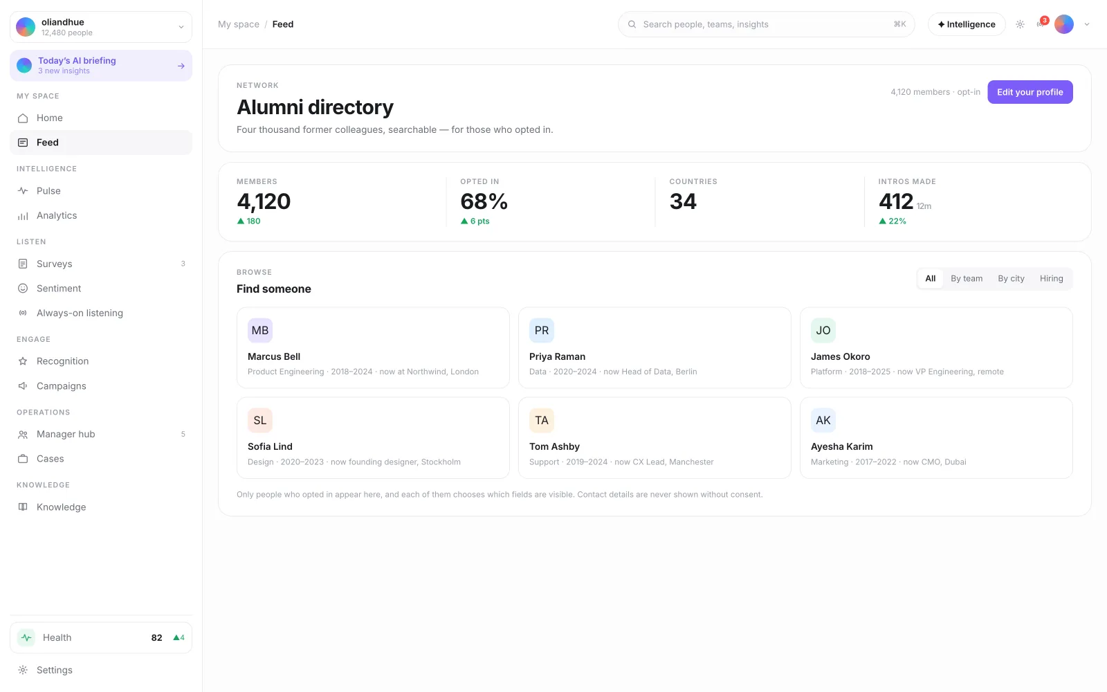 The Alumni Network Directory screen in the Vadal.ai product