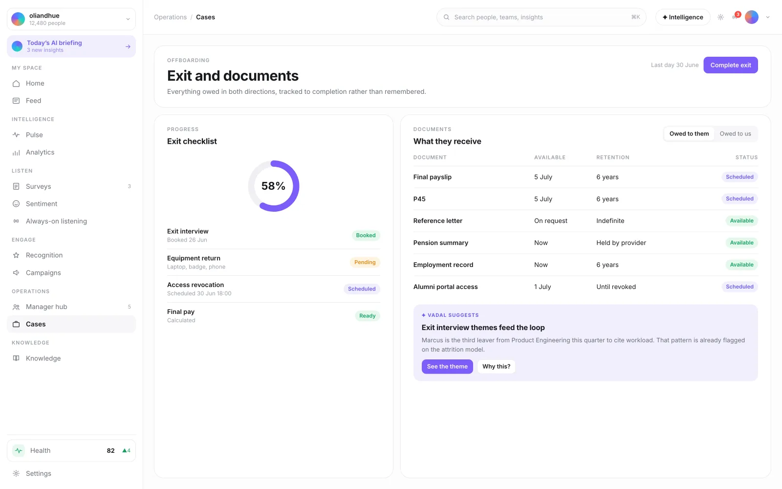 The Exit & Document Hub screen in the Vadal.ai product