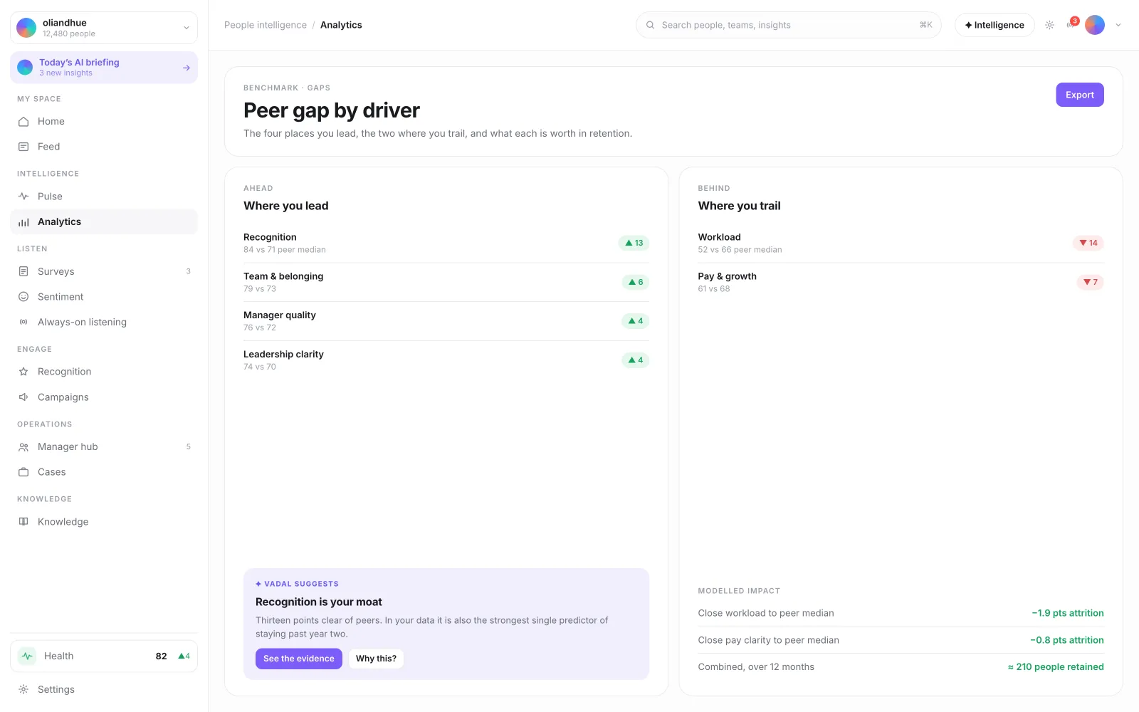 The Driver-Level Peer Gap View screen in the Vadal.ai product