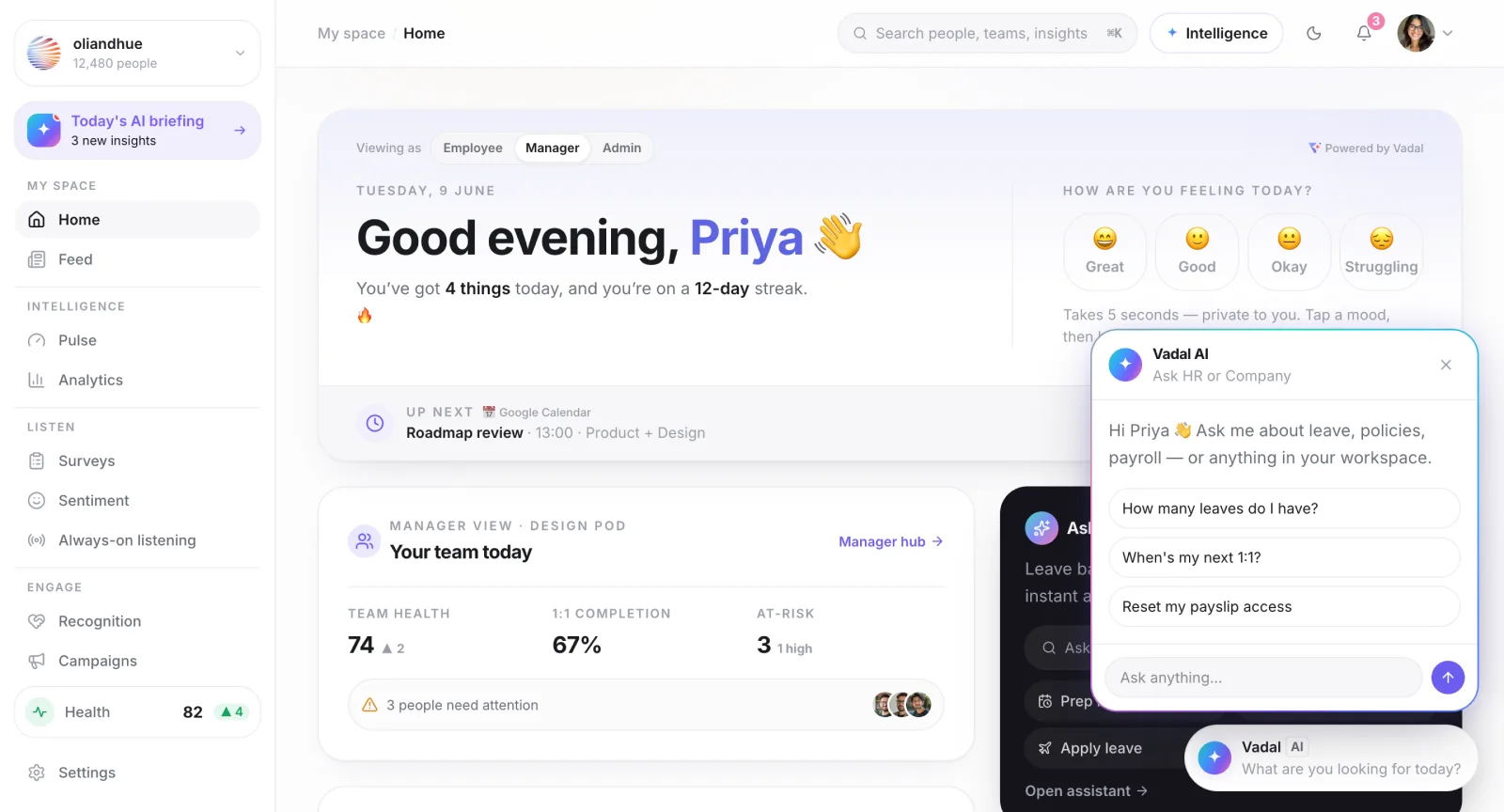 The Copilot Conversation Interface screen in the Vadal.ai product