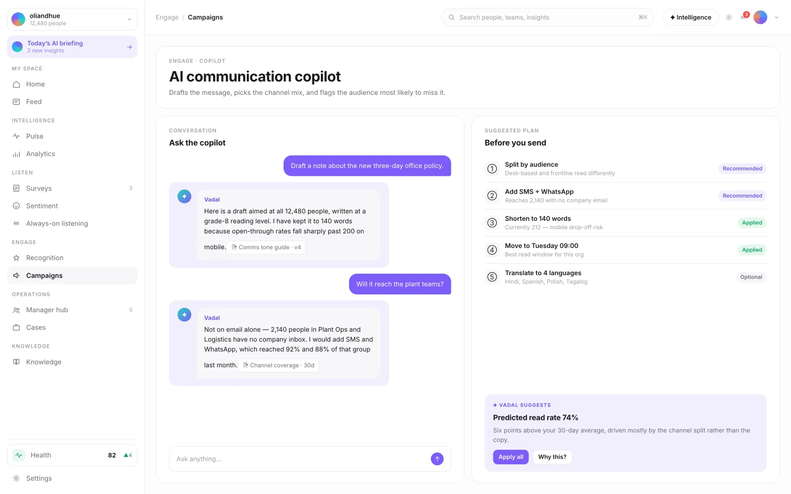The AI Communication Copilot screen in the Vadal.ai product