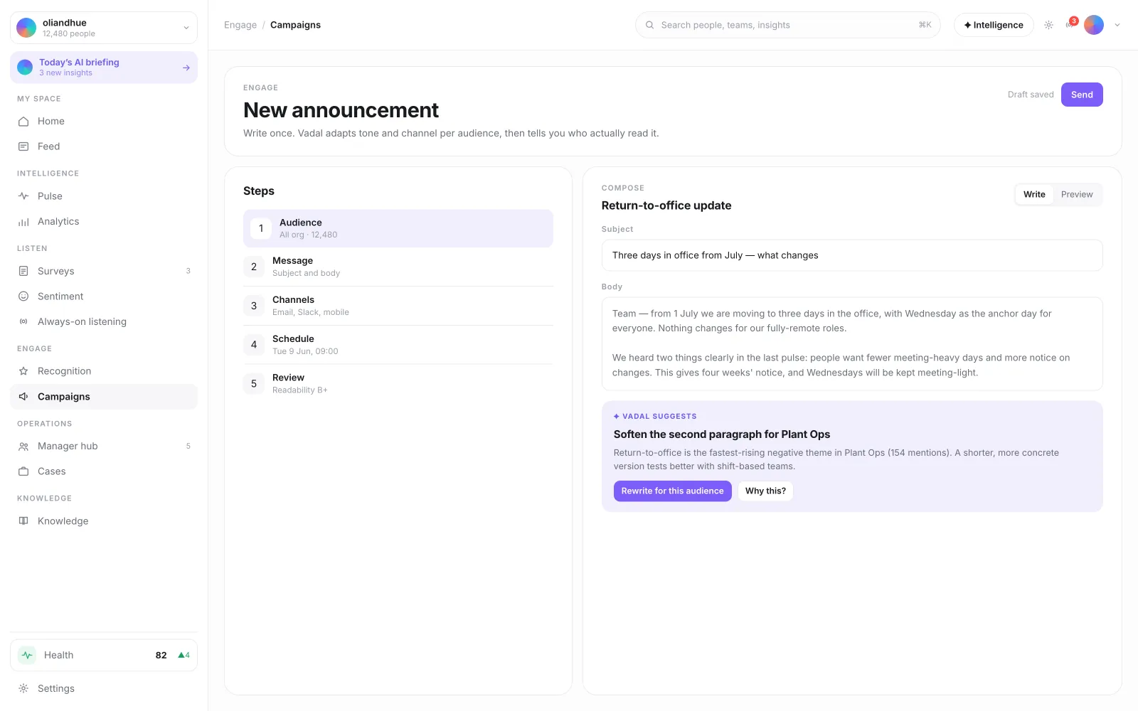 The Announcement Composer screen in the Vadal.ai product