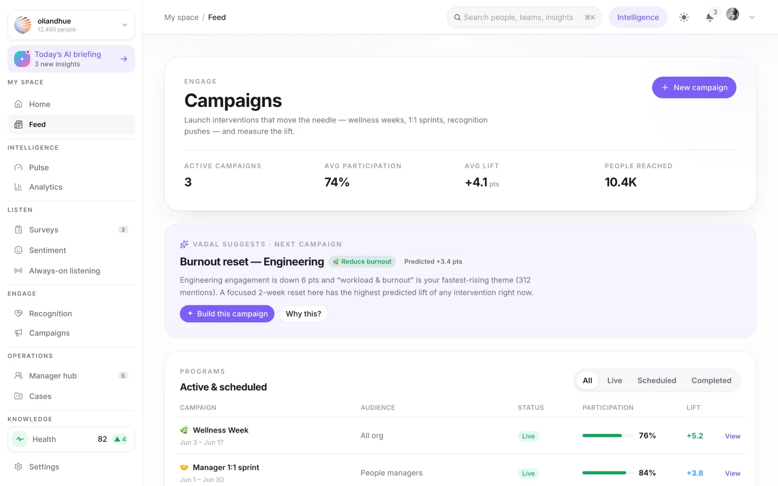 The Campaigns screen in the Vadal.ai product