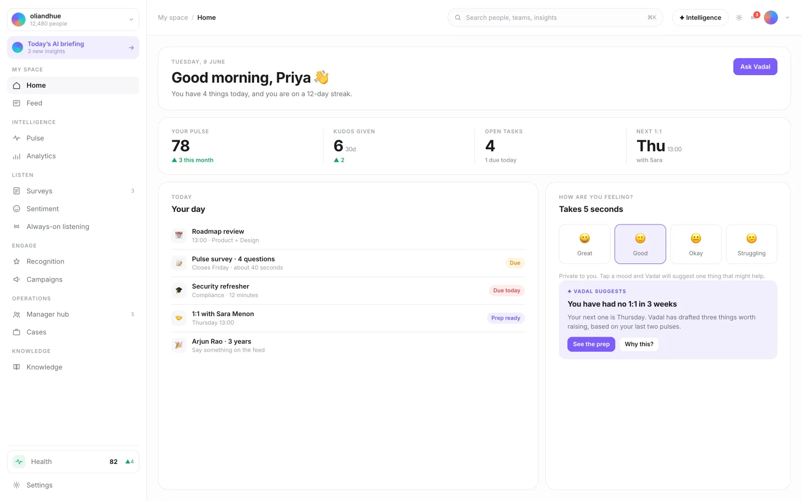 The Employee Hub / Homepage screen in the Vadal.ai product