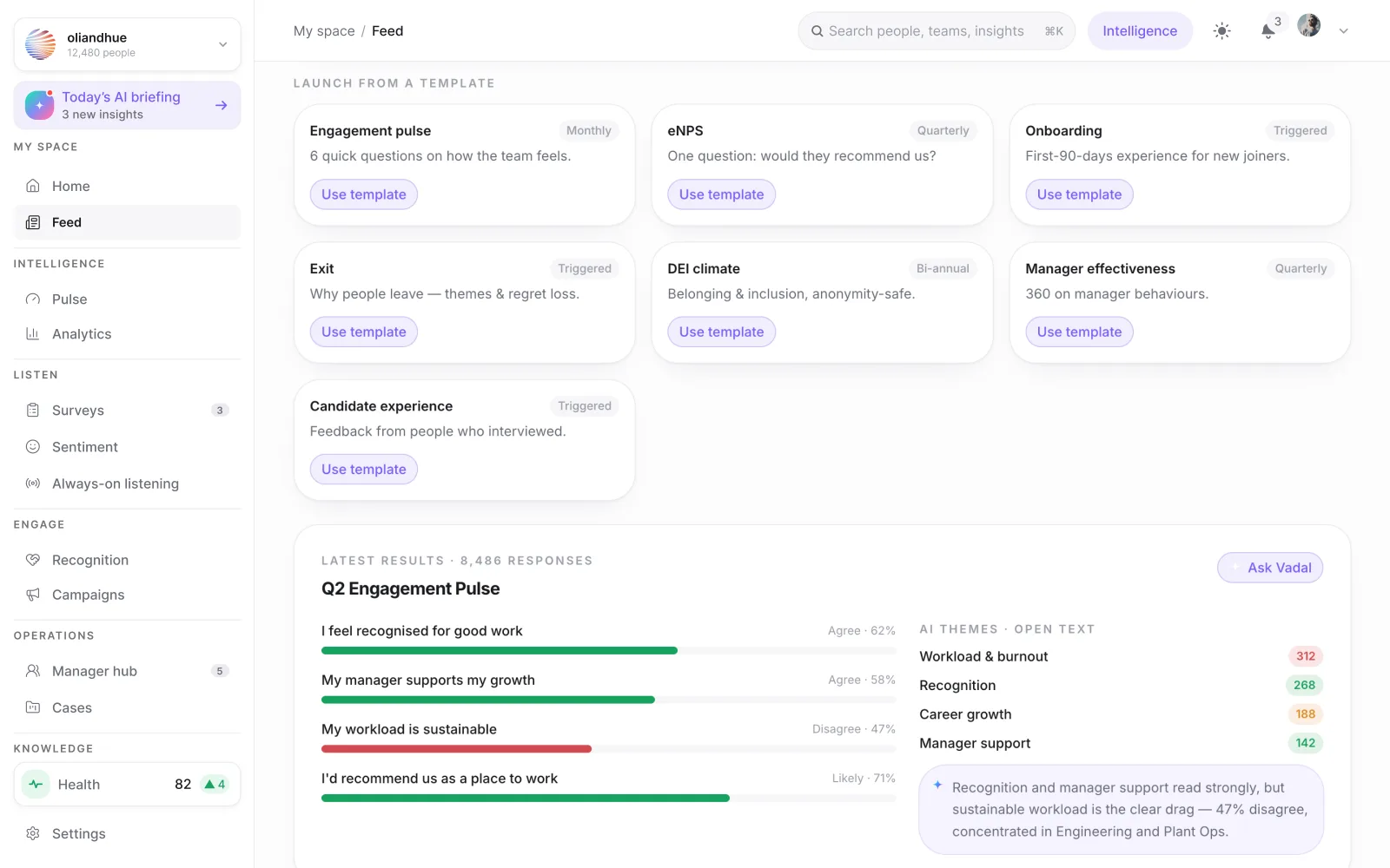 The Culture Pulse Survey Interface screen in the Vadal.ai product