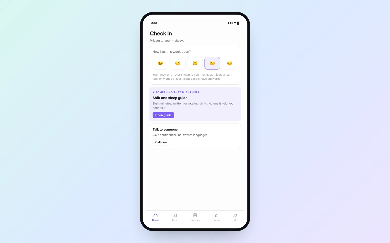 The Mobile Wellbeing Check-in screen in the Vadal.ai product
