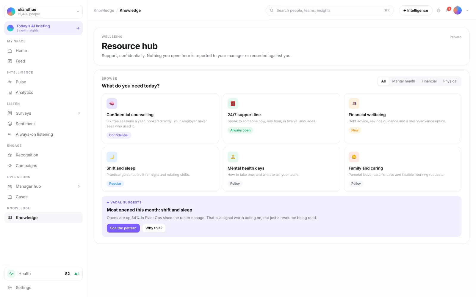 The Wellbeing Resource Hub screen in the Vadal.ai product