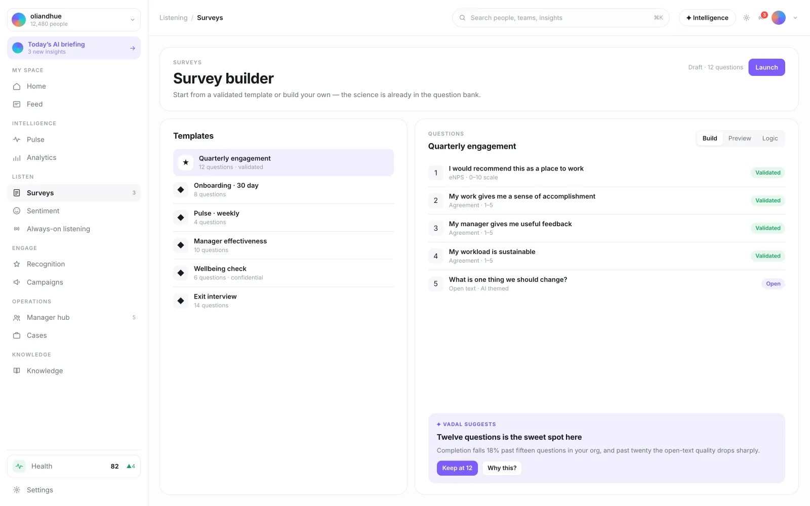 The Survey Builder & Template Library screen in the Vadal.ai product