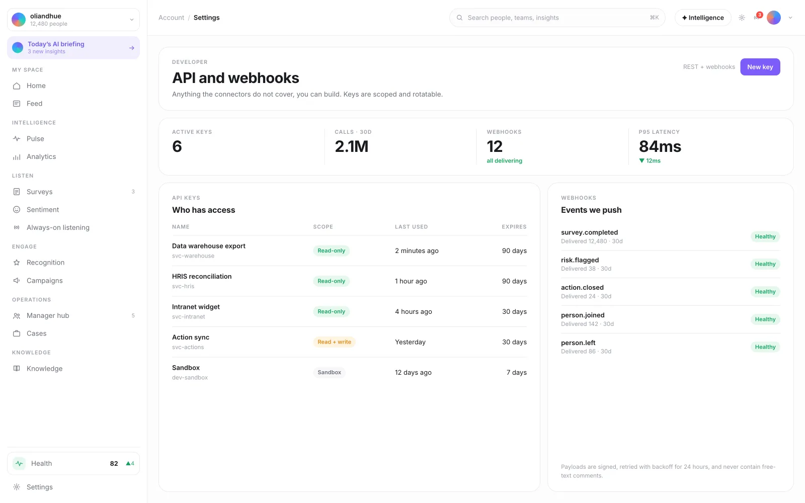 The API & Webhook Management screen in the Vadal.ai product