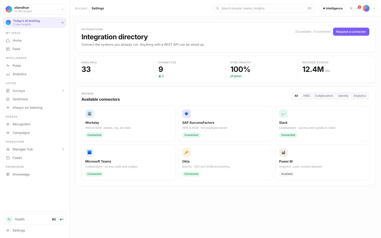 The Integration Directory screen in the Vadal.ai product