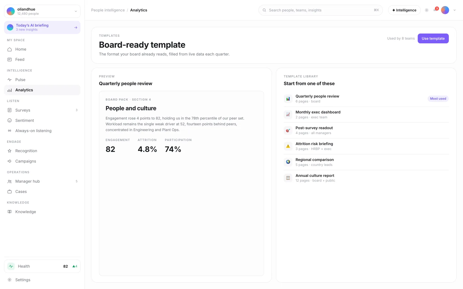 The Board-Ready Report Template screen in the Vadal.ai product