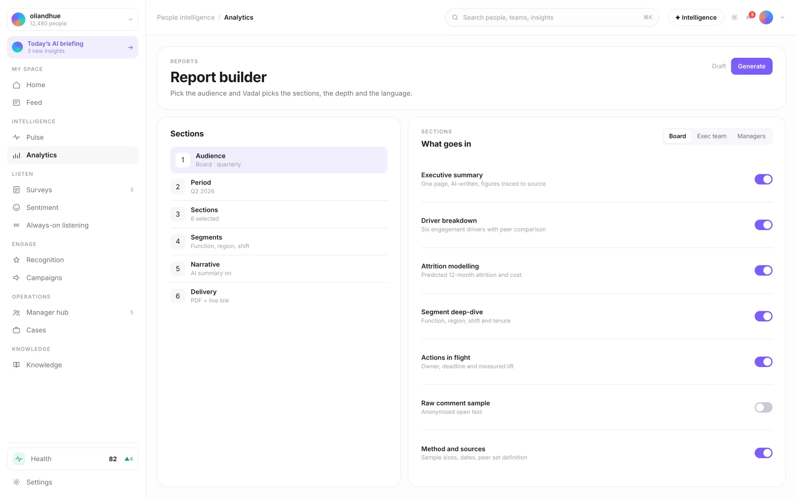 The Executive Report Builder screen in the Vadal.ai product