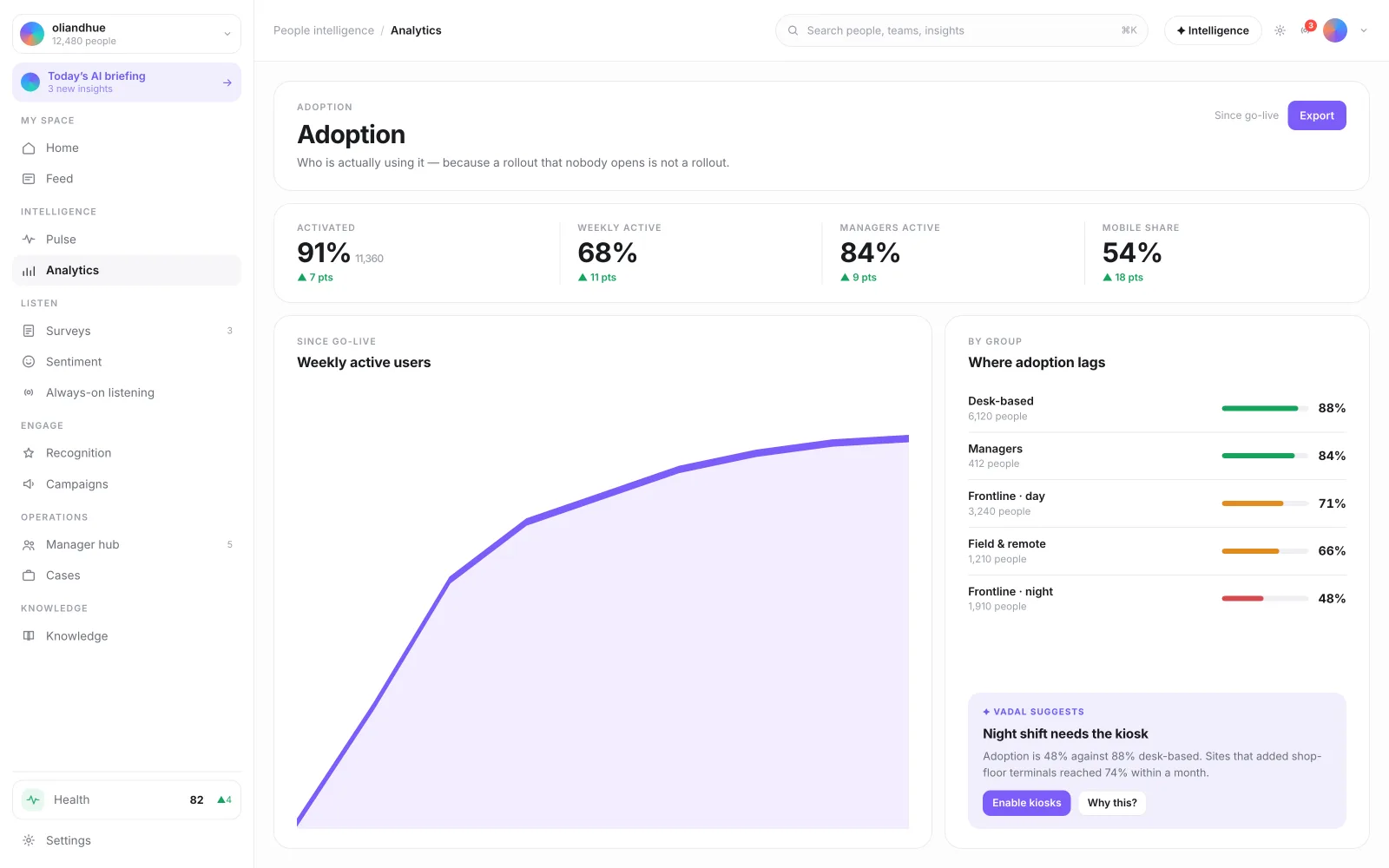 The Adoption Dashboard screen in the Vadal.ai product