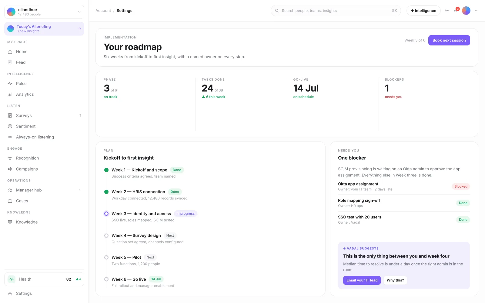 The Implementation Roadmap View screen in the Vadal.ai product
