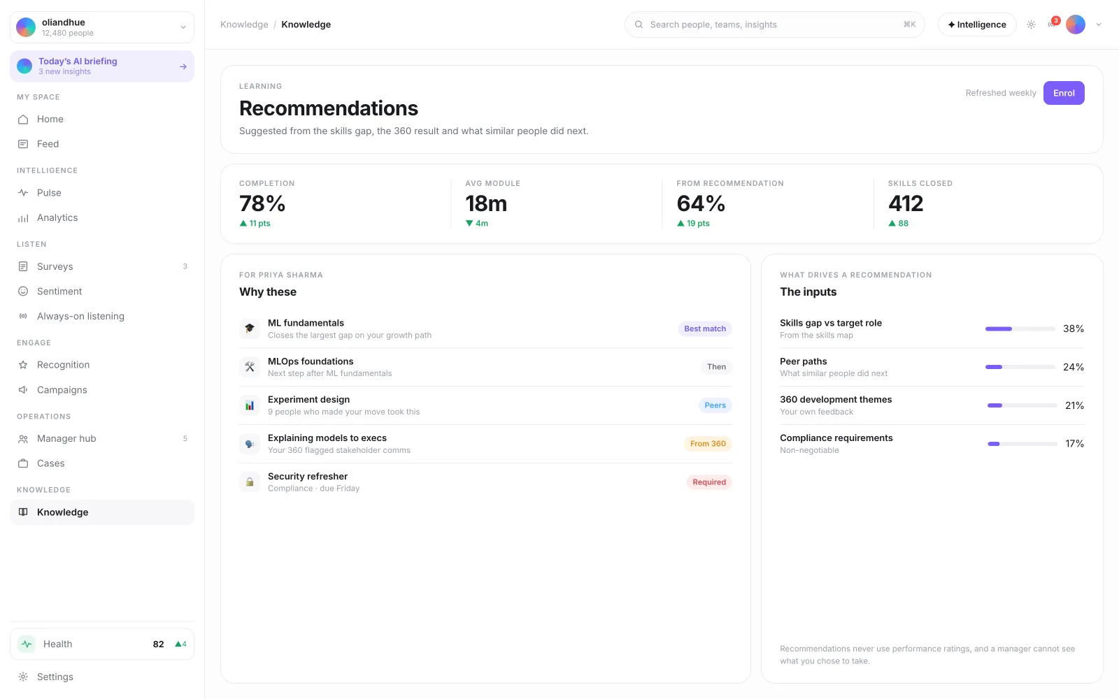 The Learning Recommendation Feed screen in the Vadal.ai product