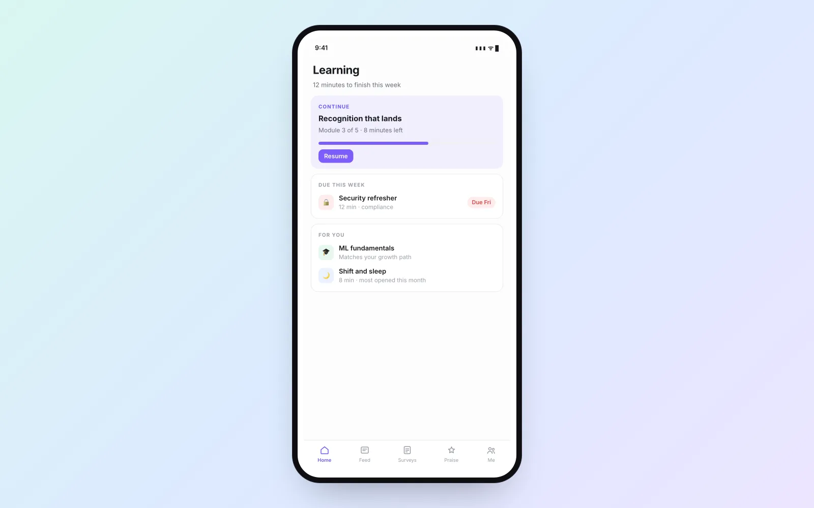 The Mobile Learning Home screen in the Vadal.ai product