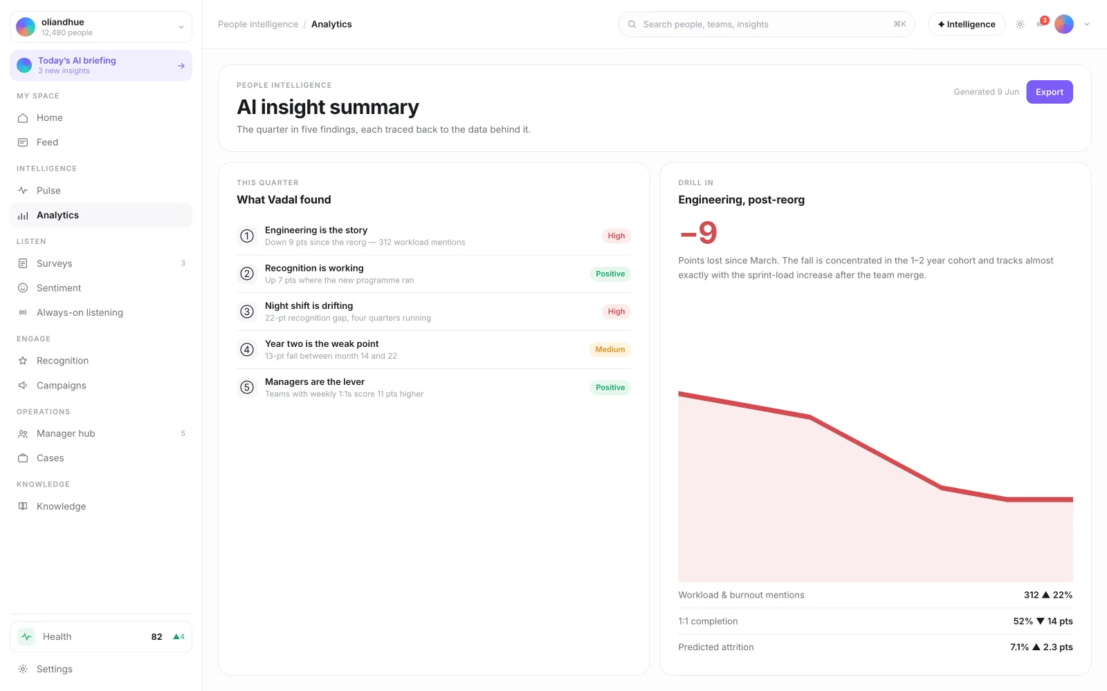 The AI Insight Summary Panel screen in the Vadal.ai product