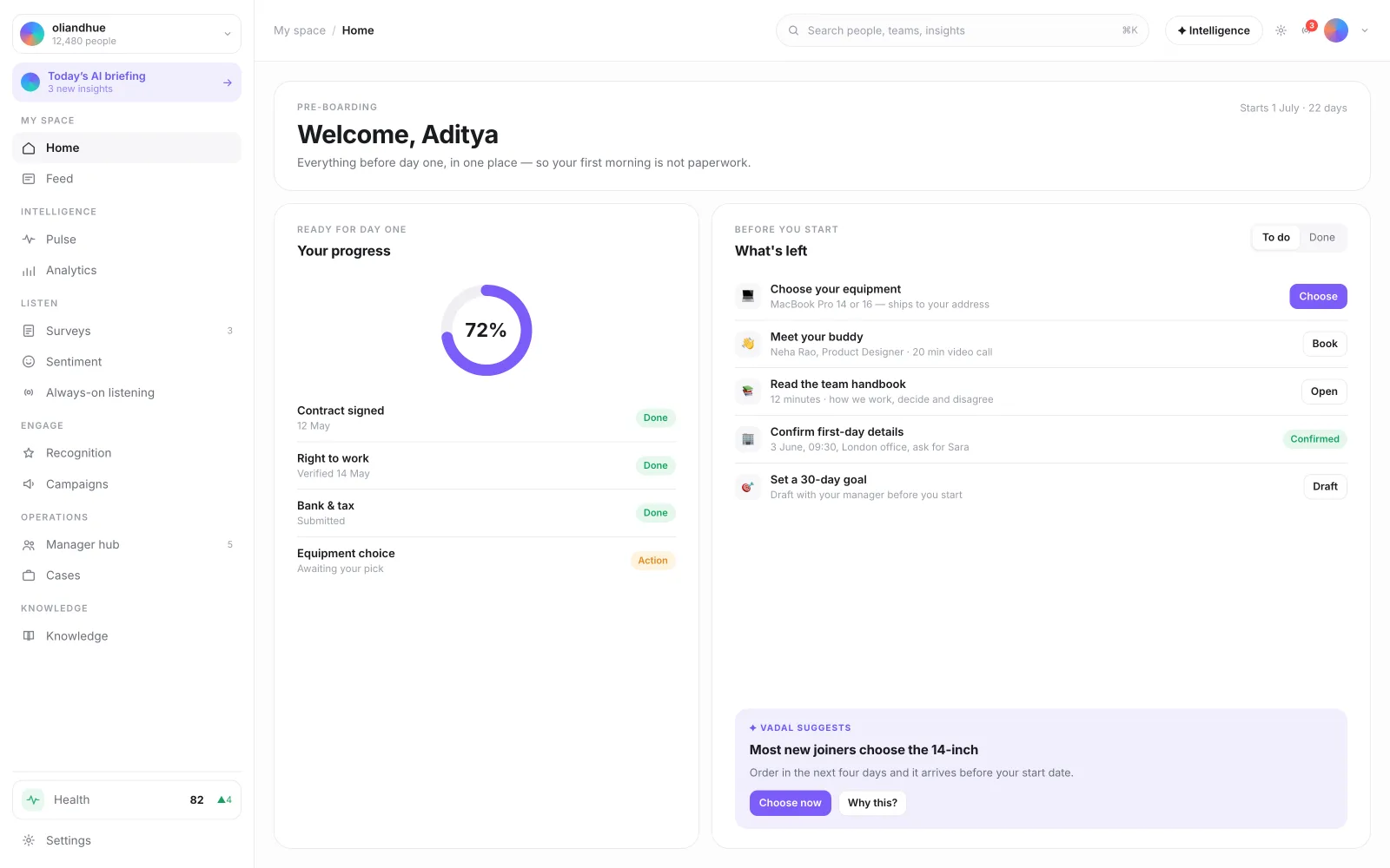 The Pre-Boarding Candidate Portal screen in the Vadal.ai product