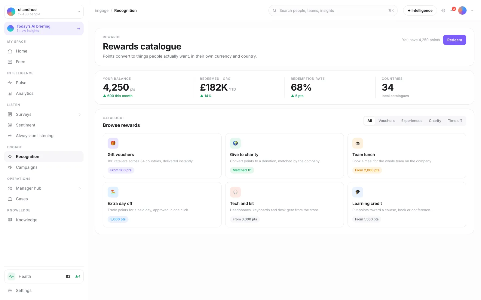 The Rewards Catalog & Redemption screen in the Vadal.ai product
