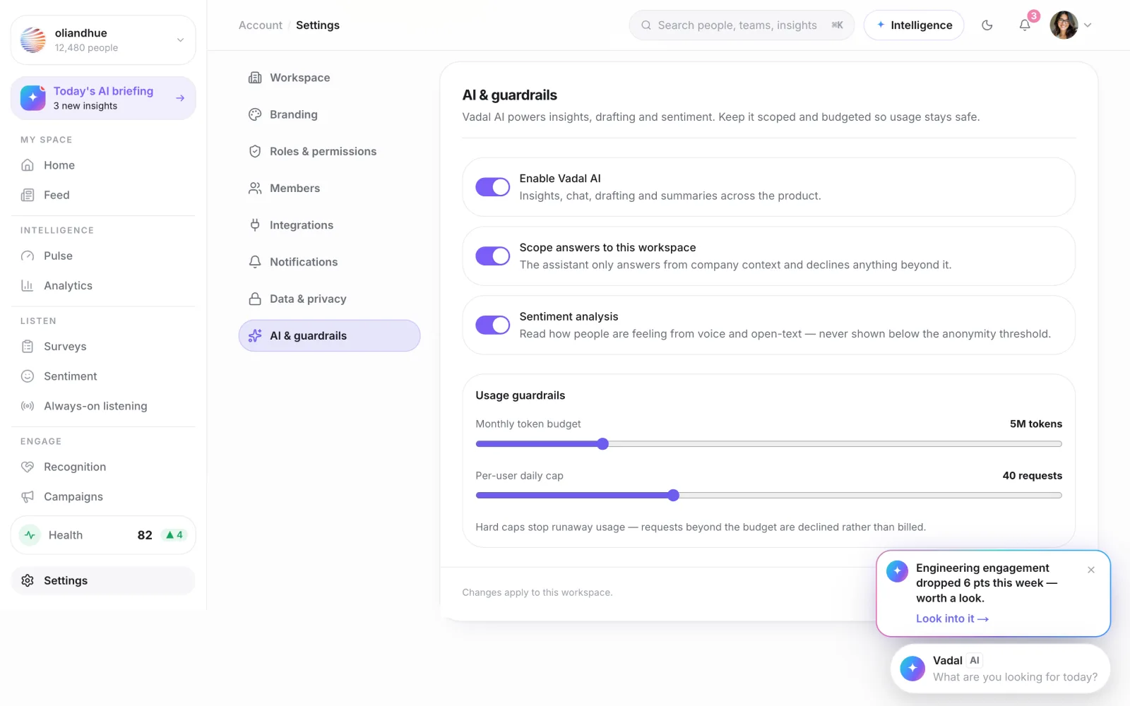 The AI Governance & Transparency Panel screen in the Vadal.ai product