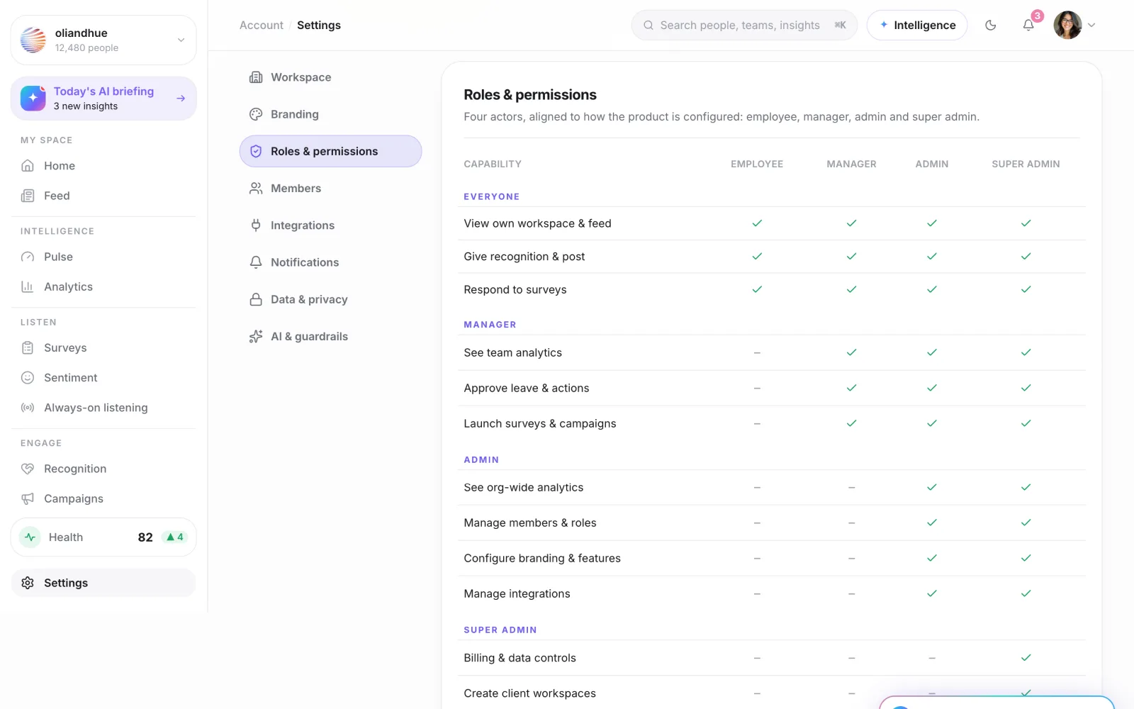 The Roles & permissions screen in the Vadal.ai product