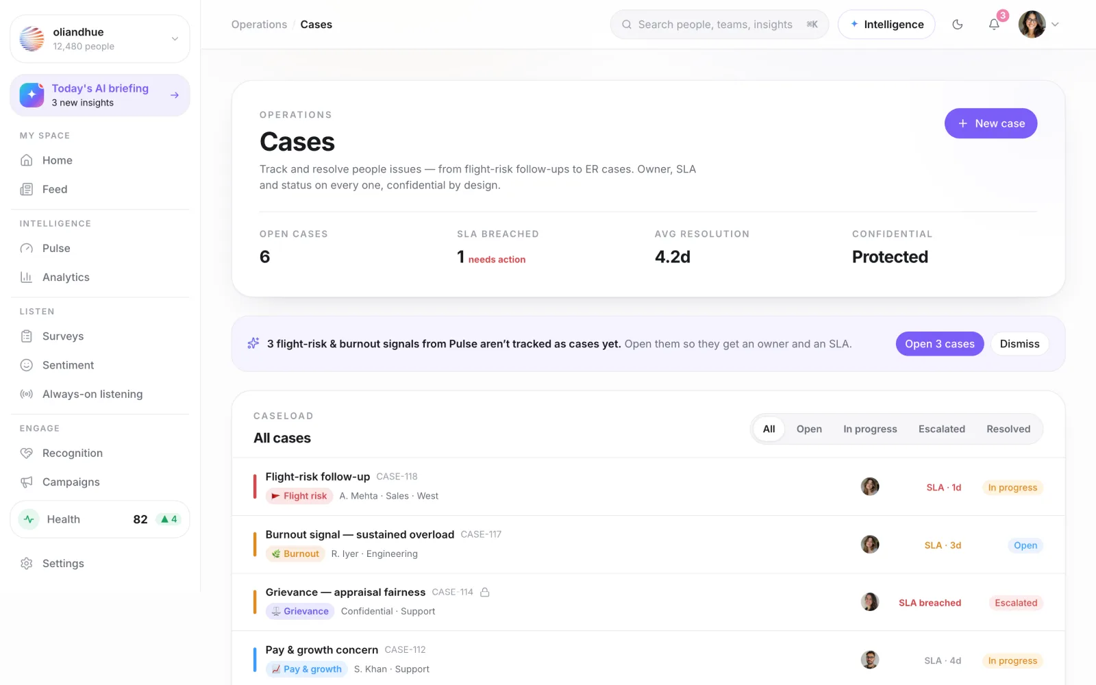 The Cases screen in the Vadal.ai product